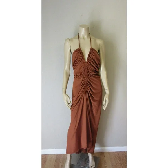 Veronica Beard | Dresses | Veronica Beard Golden Brown Saskia Halter Ruched  Sexy Size 6 Vneck Midi Dress | Poshmark